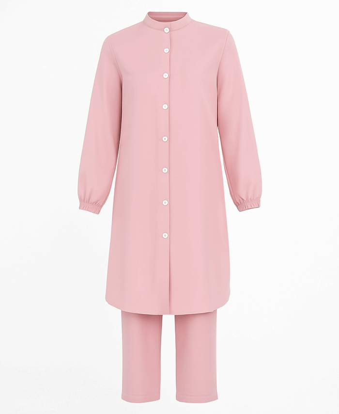 Ensemble Casual Femme – Tunique Longue Boutonnée & Pantalon – Rose Poudré