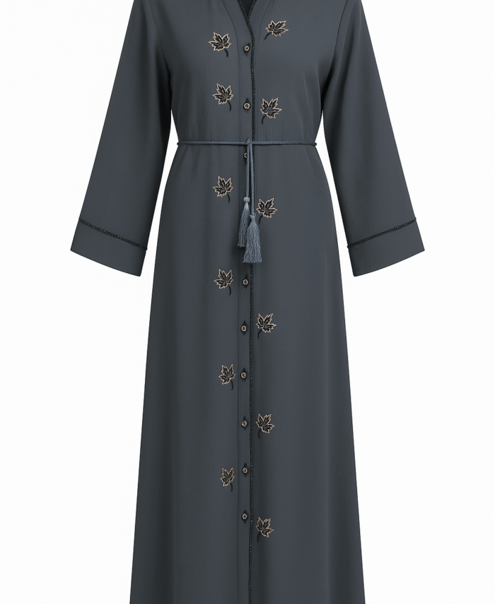 Abaya Grise de Dubaï – Broderies Main, Strass et Ceinture de Luxe