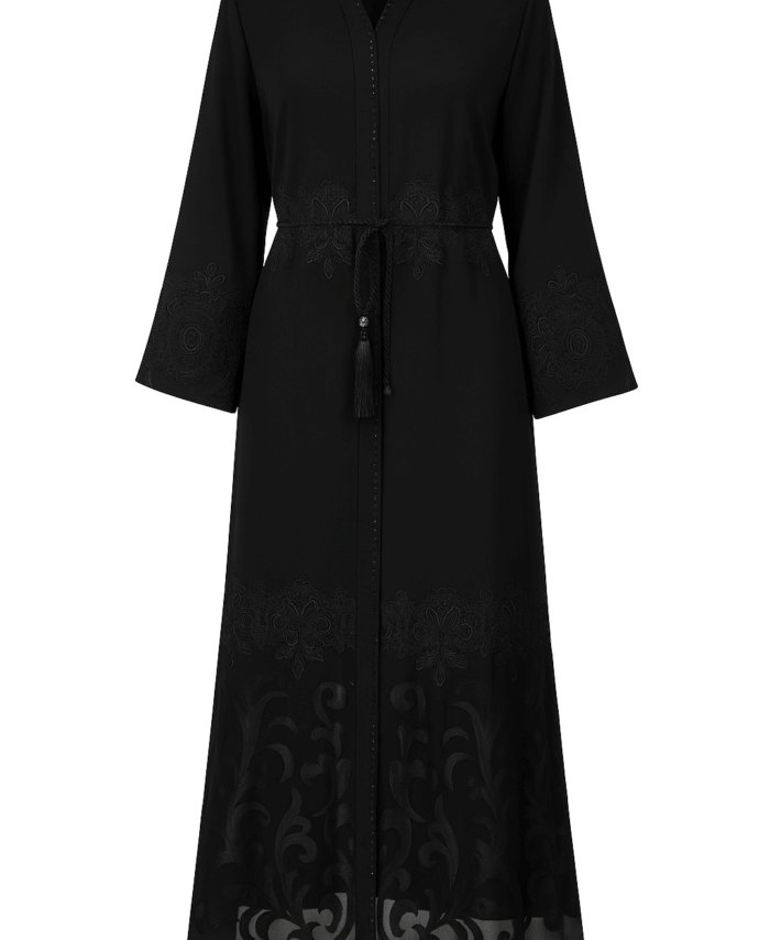 Robe de Soirée Style Abaya Dubaï Noire – Broderie, Strass et Ceinture Intégrée