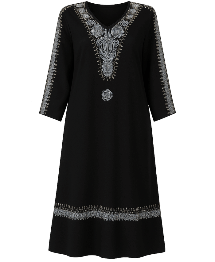 Robe de Soirée Abaya Dubaï Noire – Broderies, Perles et Strass Argentés