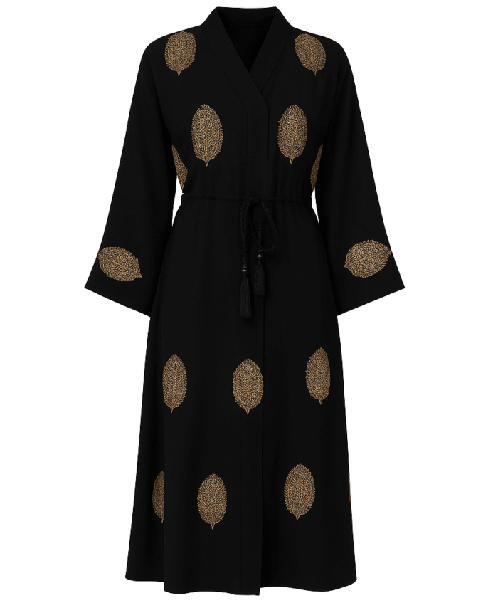 Robe Abaya Dubaï Noire – Broderies et Strass Dorés avec Ceinture Intégrée