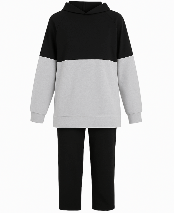 Ensemble Bicolore Femme – Tunique à Capuche & Pantalon – Noir et Gris