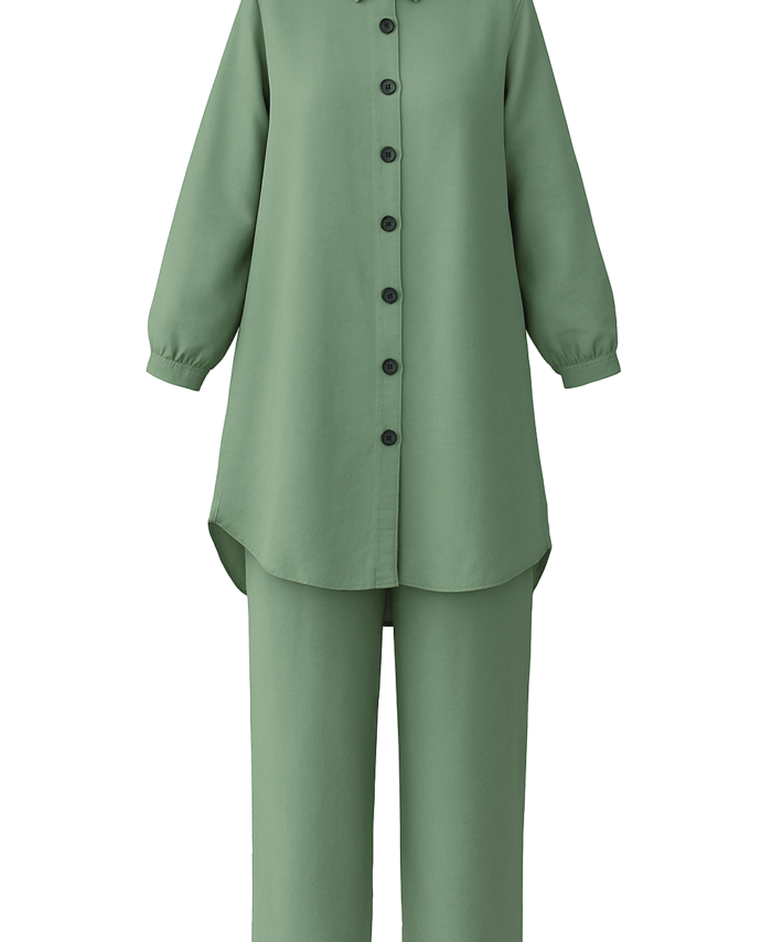 Chemise Mi-Longue Fluide Ample – Vert Amande – Mode Hijab Femme