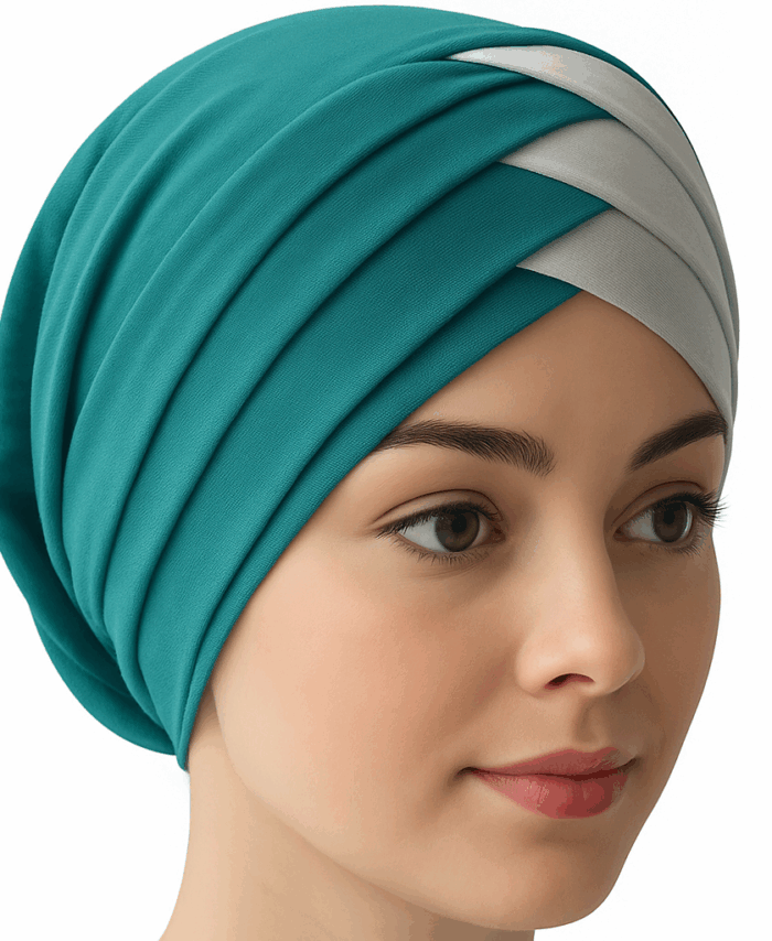 Turban Bonnet Croisé Bicolore Femme – Vert et Crème