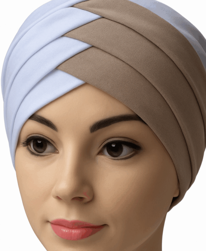 Turban Bonnet Croisé Bicolore Femme – Blanc et Beige