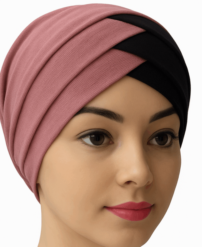 Turban Bonnet Croisé Bicolore Femme – Vieux Rose et Noir