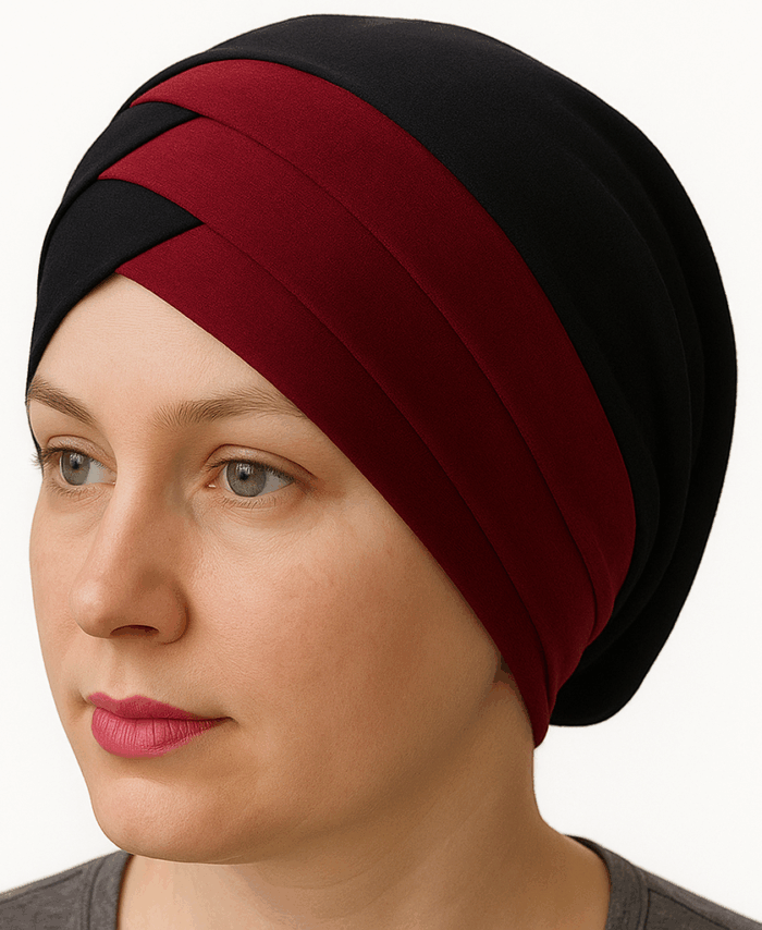 Turban Bonnet Croisé Bicolore Femme – Noir et Rouge Bordeaux