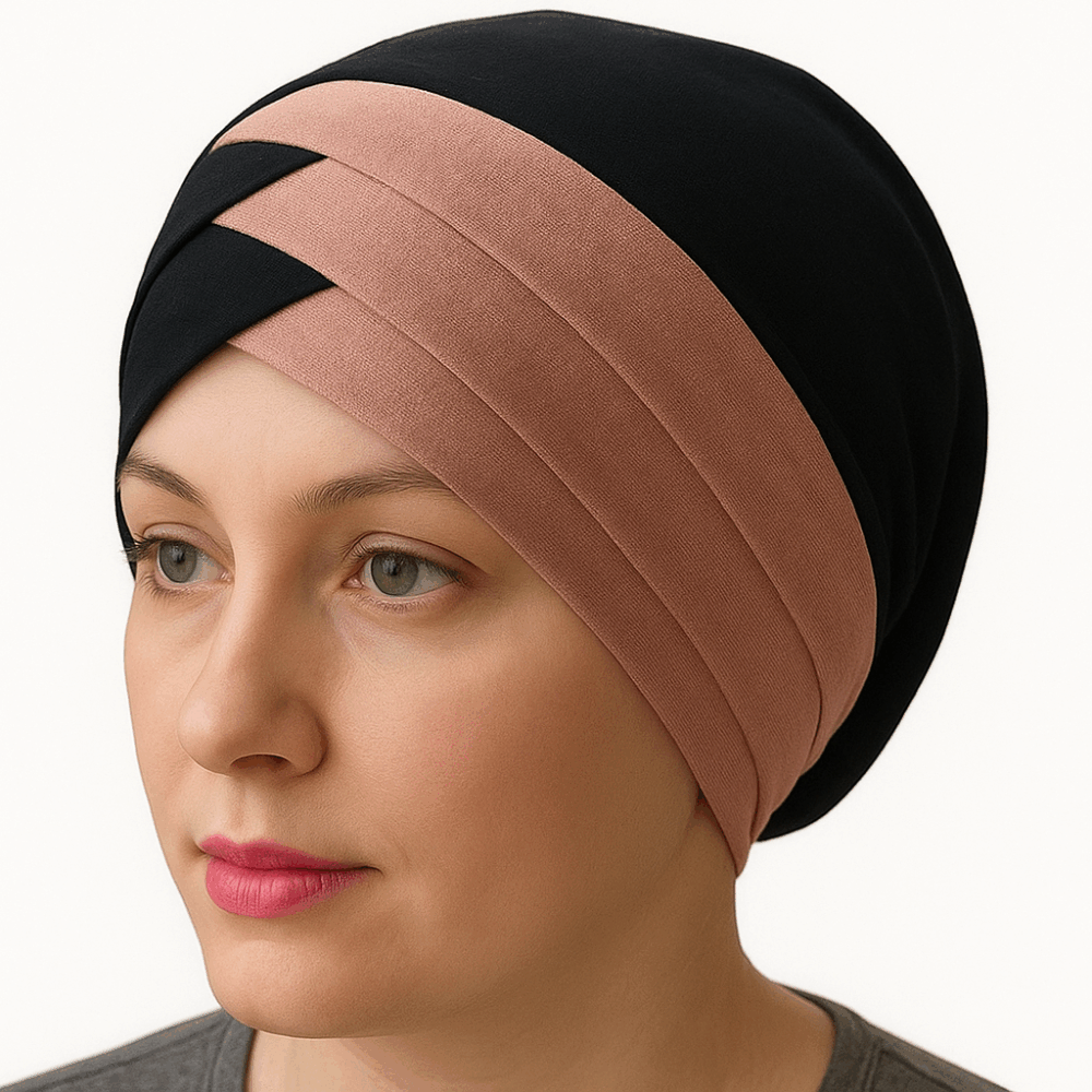 Turban Bonnet Croisé Bicolore Femme – Noir et Abricot