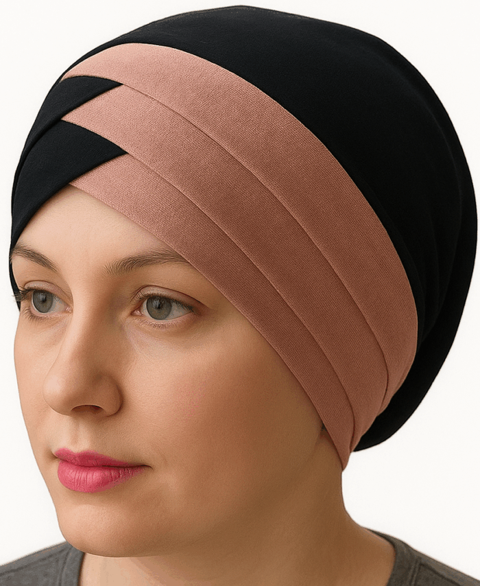 Turban Bonnet Croisé Bicolore Femme – Noir et Abricot