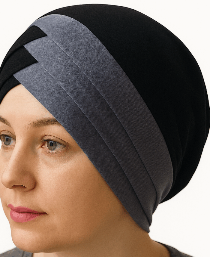 Turban Bonnet Croisé Bicolore Femme – Noir et Gris