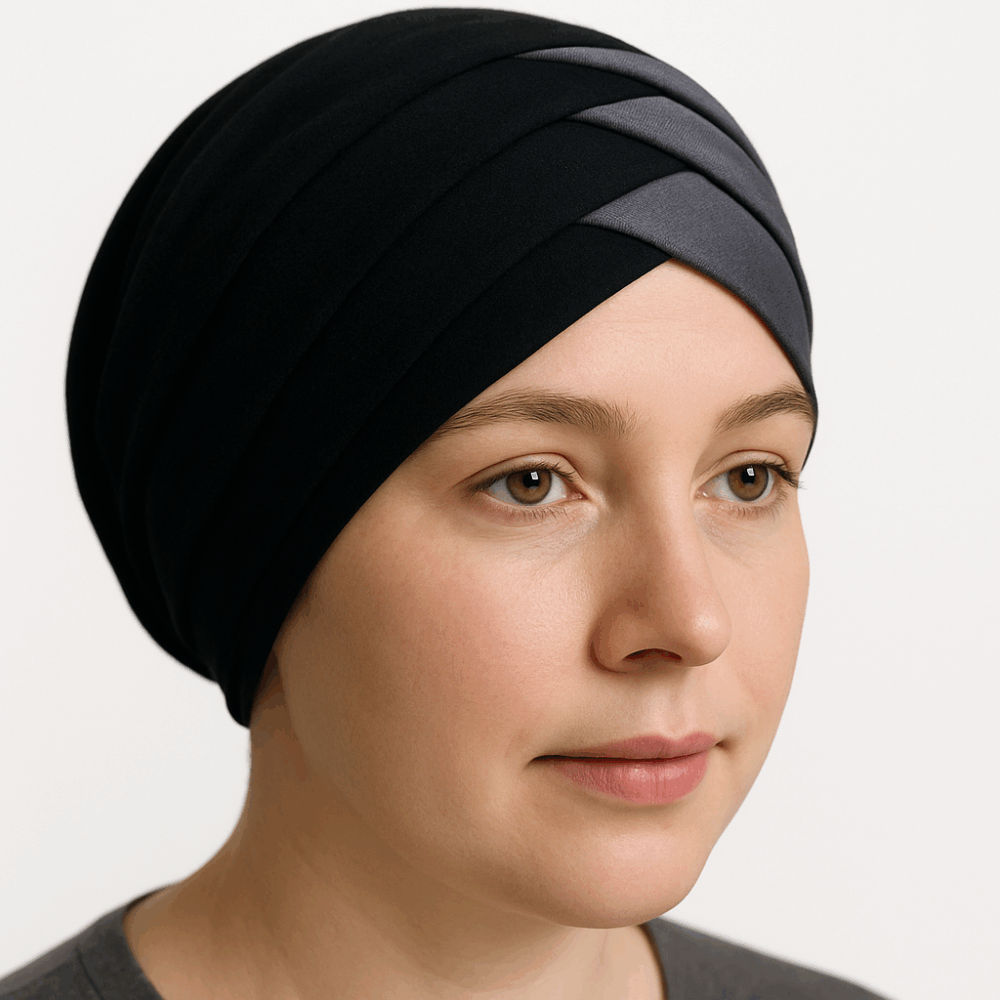 Turban Bonnet Croisé Bicolore Femme – Noir et Gris – Image 2