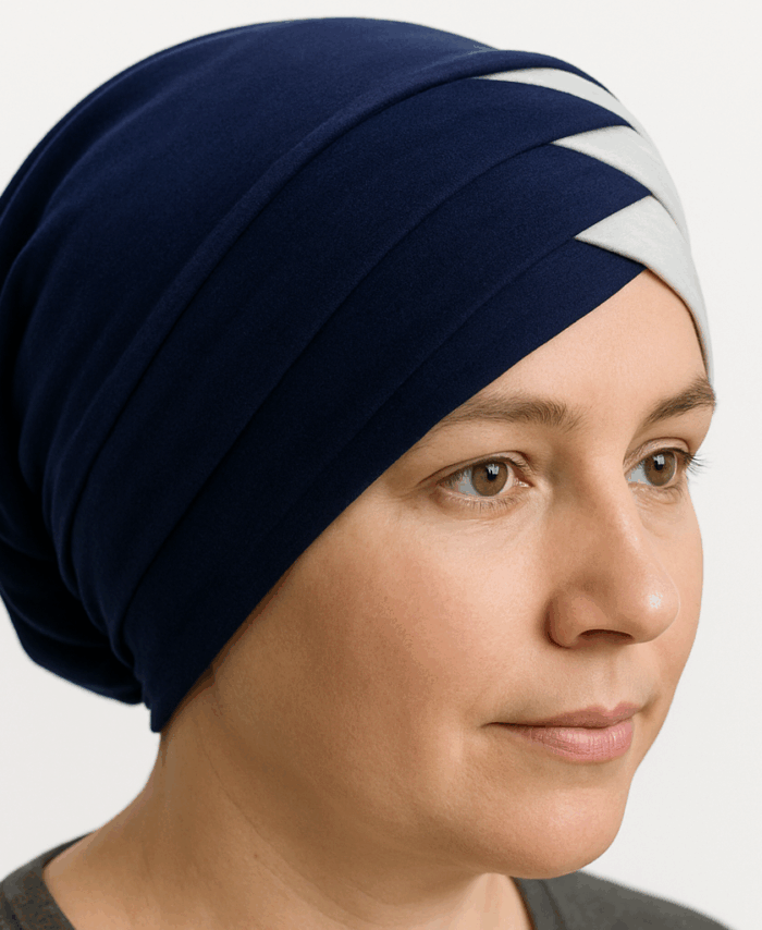 Turban Bonnet Croisé Bicolore Femme – Bleu Marine et Crème