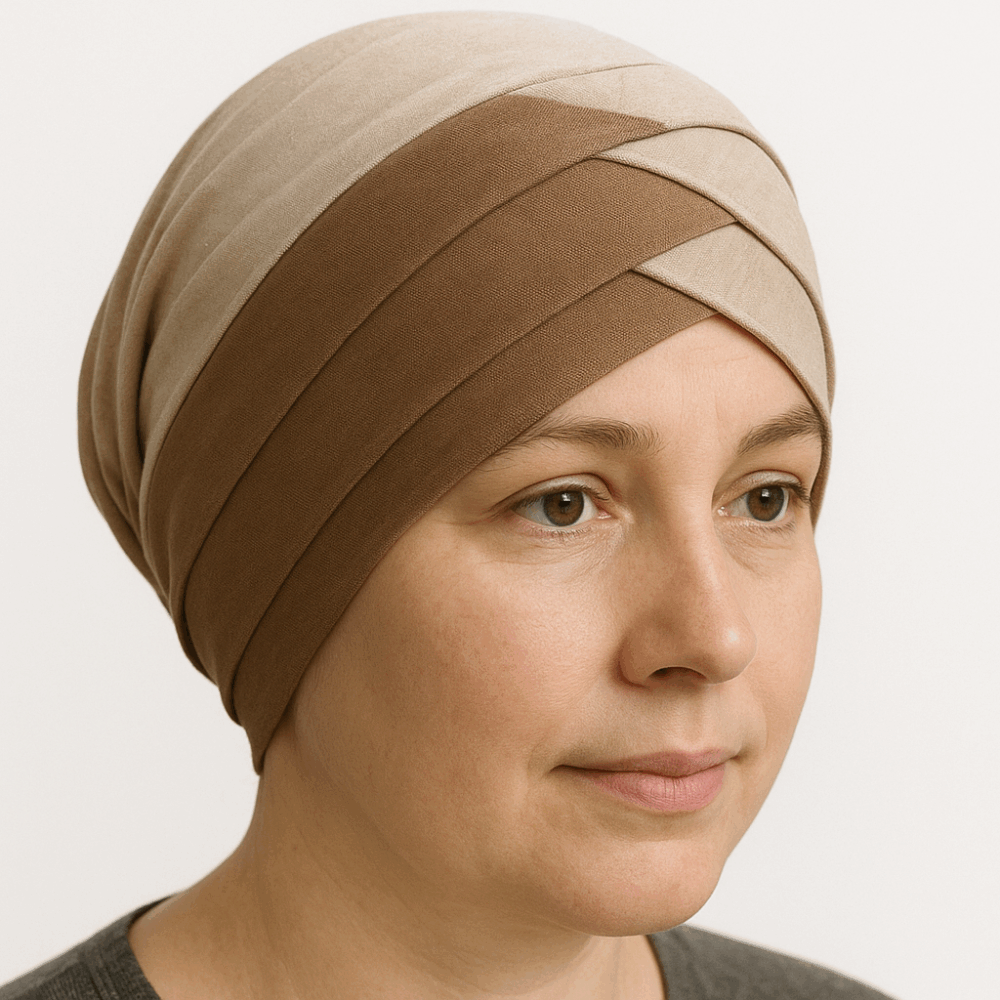 Turban Bonnet Croisé Bicolore Femme – Beige et Taupe