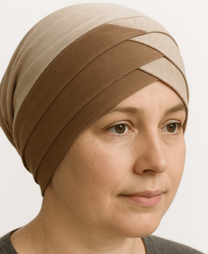 Turban Bonnet Croisé Bicolore Femme – Beige et Taupe