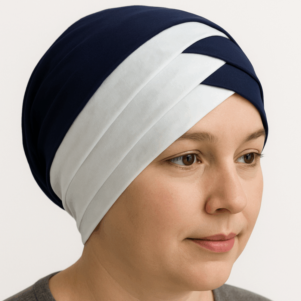 Turban Bonnet Croisé Bicolore Femme – Bleu Marine et Crème – Image 2