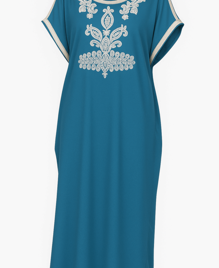 Robe Orientale Brodée Perlée – Bleu Pétrole – Manches Courtes