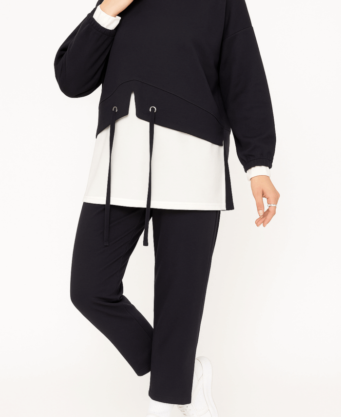 Ensemble Décontracté Femme – Tunique & Pantalon – Blanc & Bleu Marine