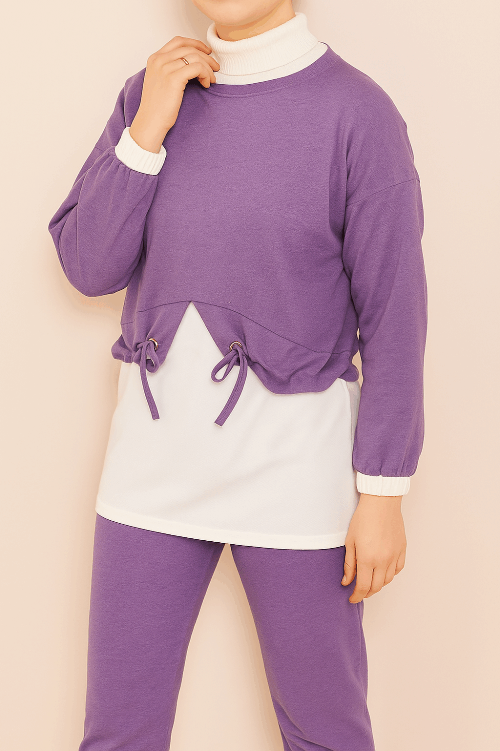 Ensemble Décontracté Femme – Tunique & Pantalon – Blanc & Lilas – Image 3