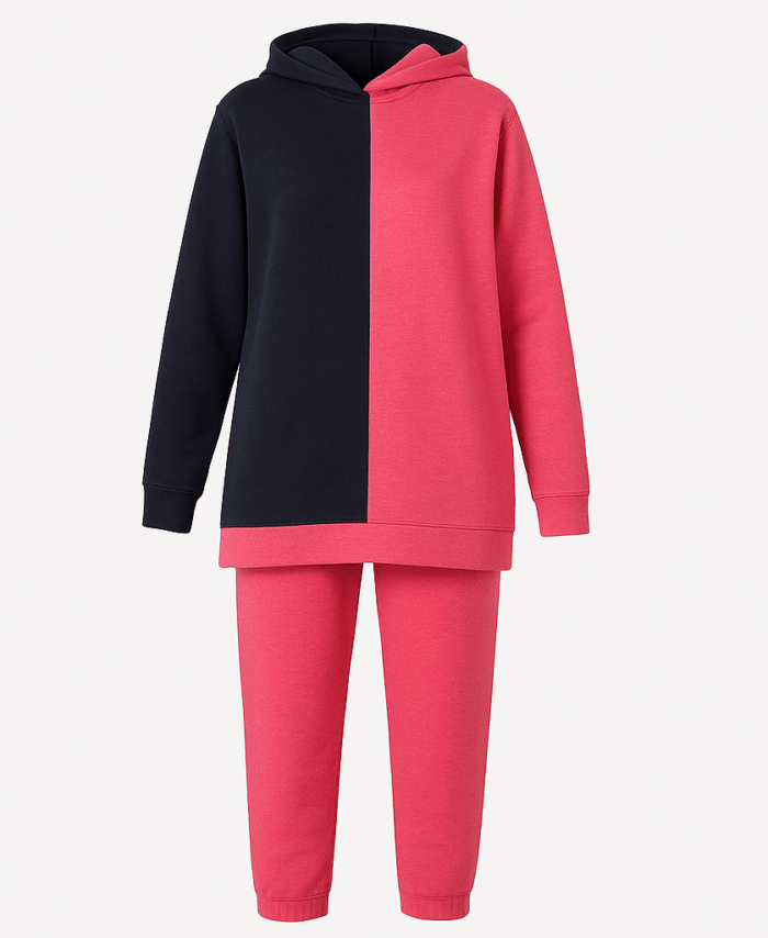 Ensemble Survêtement Femme – Sweat-Tunique & Pantalon – Bleu Marine & Fuchsia