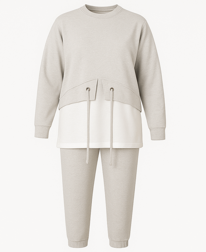 Ensemble Décontracté Moderne Femme – Tunique & Pantalon – Blanc & Gris Clair