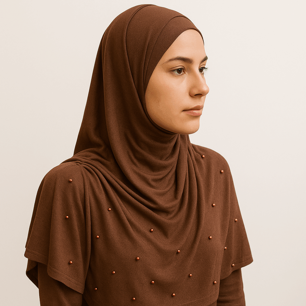 Châle Magnétique Perlé avec Bonnet Intégré – Marron – 100 % Viscose