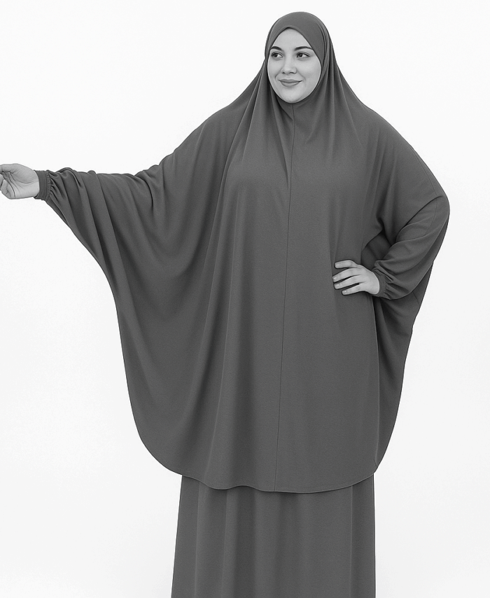 Jilbab Femme 2 Pièces – Cape Demi-Djilbab & Jupe Évasée – Gris Foncé