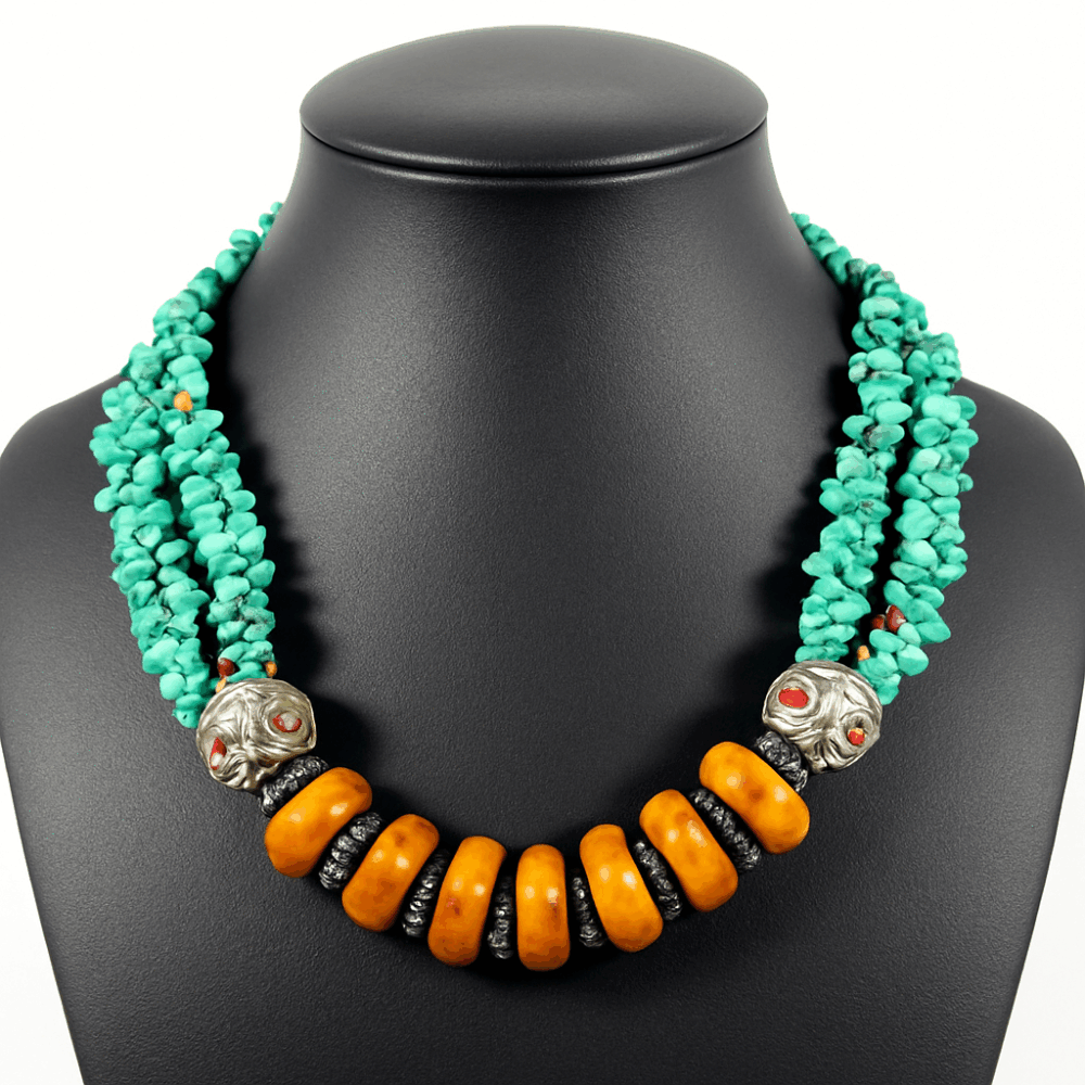 Collier Ethnique Artisanal Marocain – Pierres Orange & Turquoise & Breloques Argentées